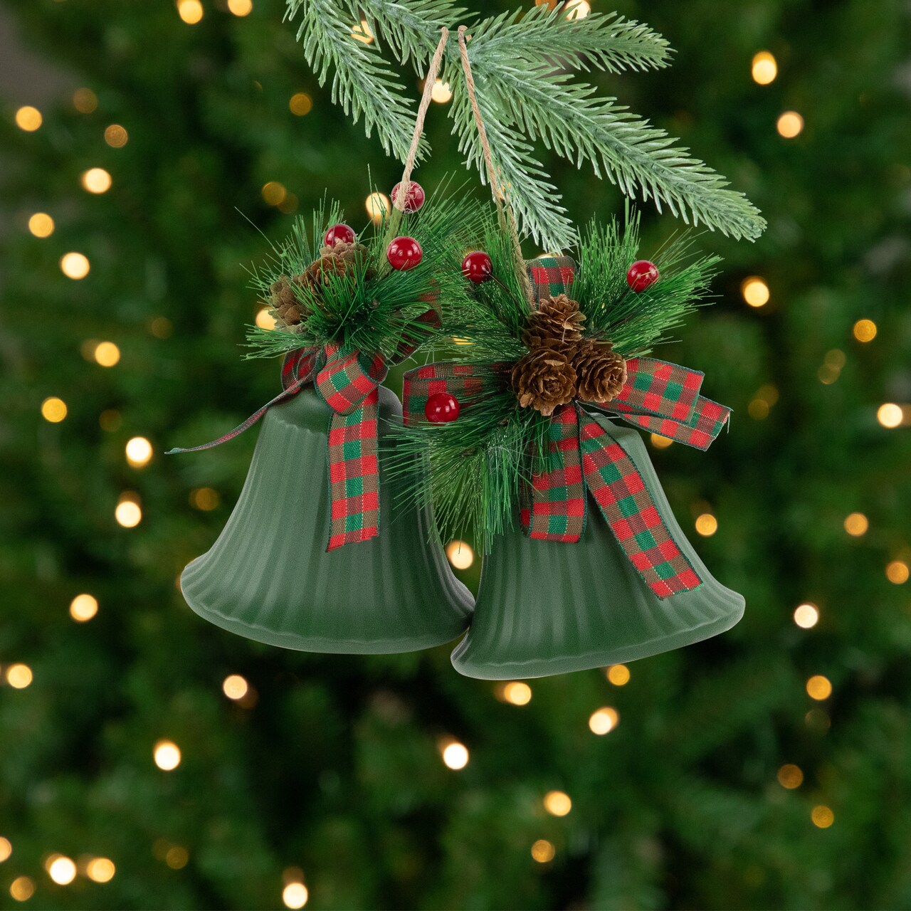 Northlight Christmas Bells with Pinecones and Plaid Bow Ornaments - 7" - Green - Set of 2